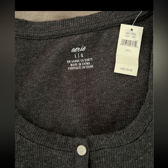 Aerie long sleeve charcoal gray button front ribbed top … size Large new with - Picture 2 of 4
